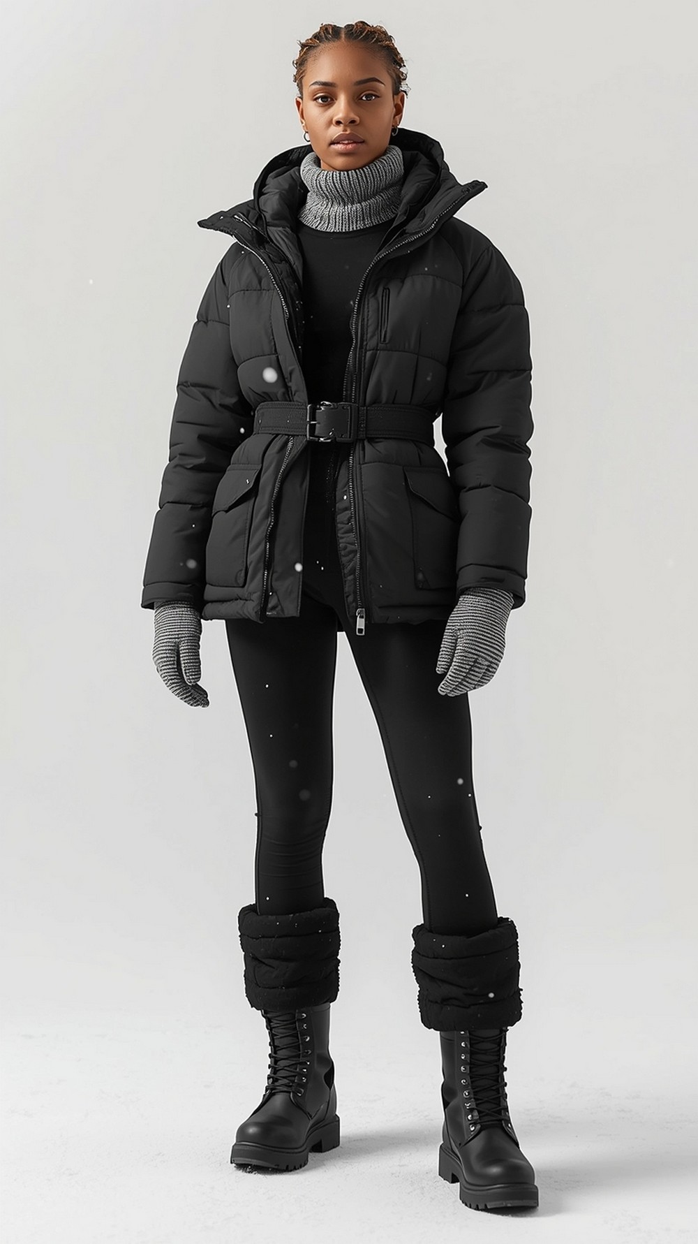 Thermal jumpsuit, belted puffer, and lug boots