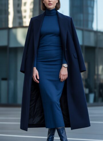 Turtleneck Long Wool Coat Outfits with Knit Dress and Ankle Boots