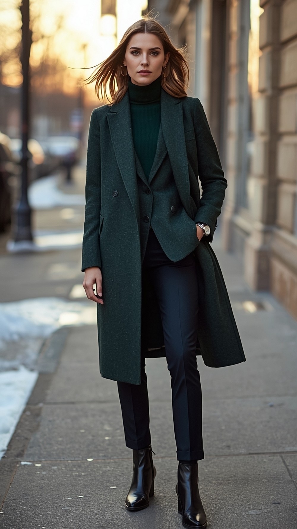 Turtleneck, blazer, and a long wool overcoat