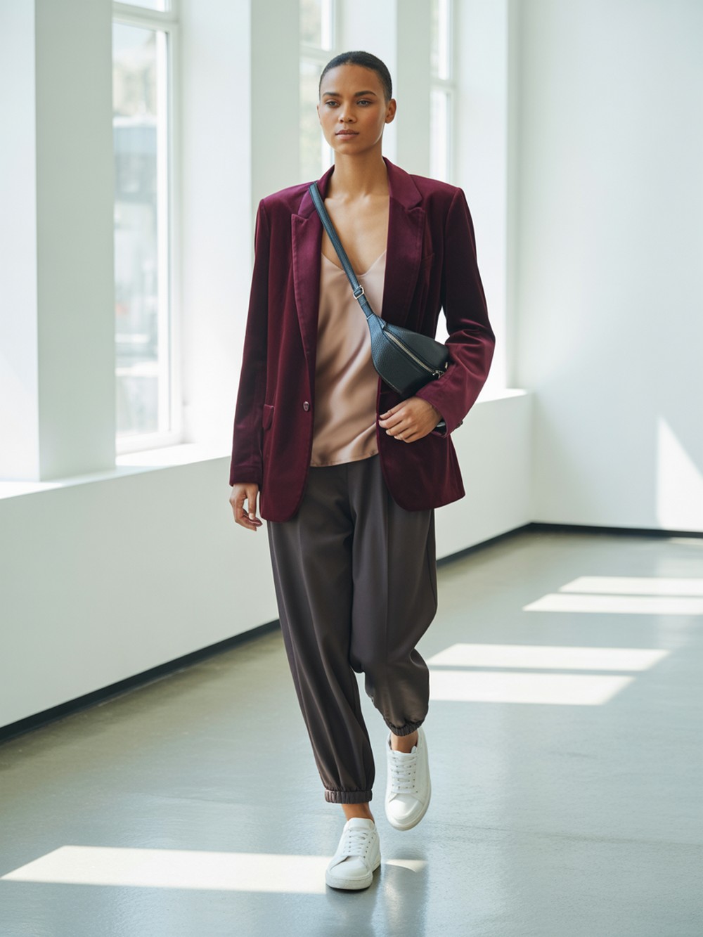 Velvet Blazer, Silk Cami, and Relaxed Track Style Trousers