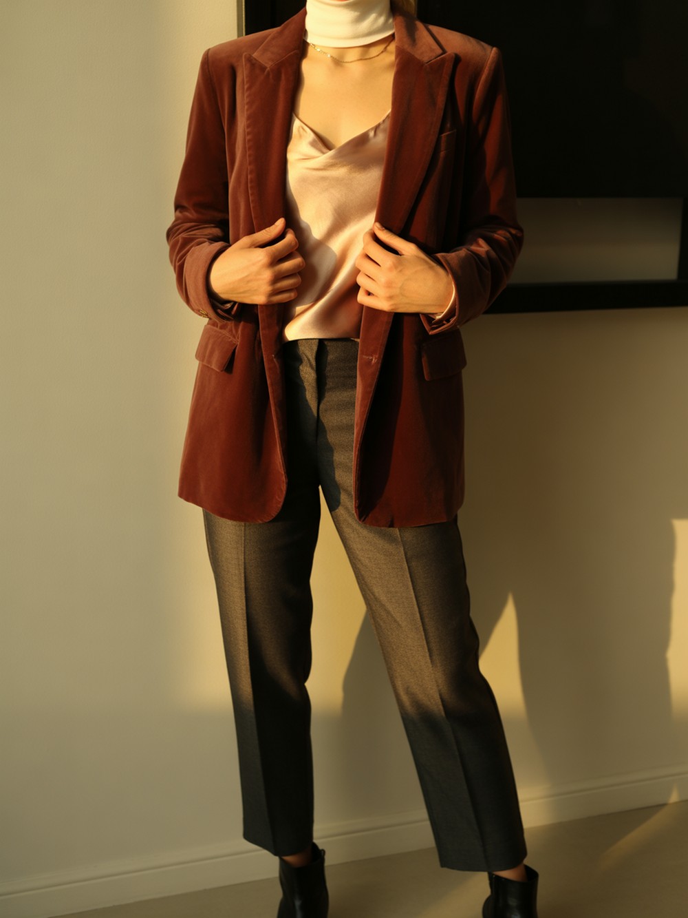 Velvet Blazer over Silk Cami + Thin Turtleneck