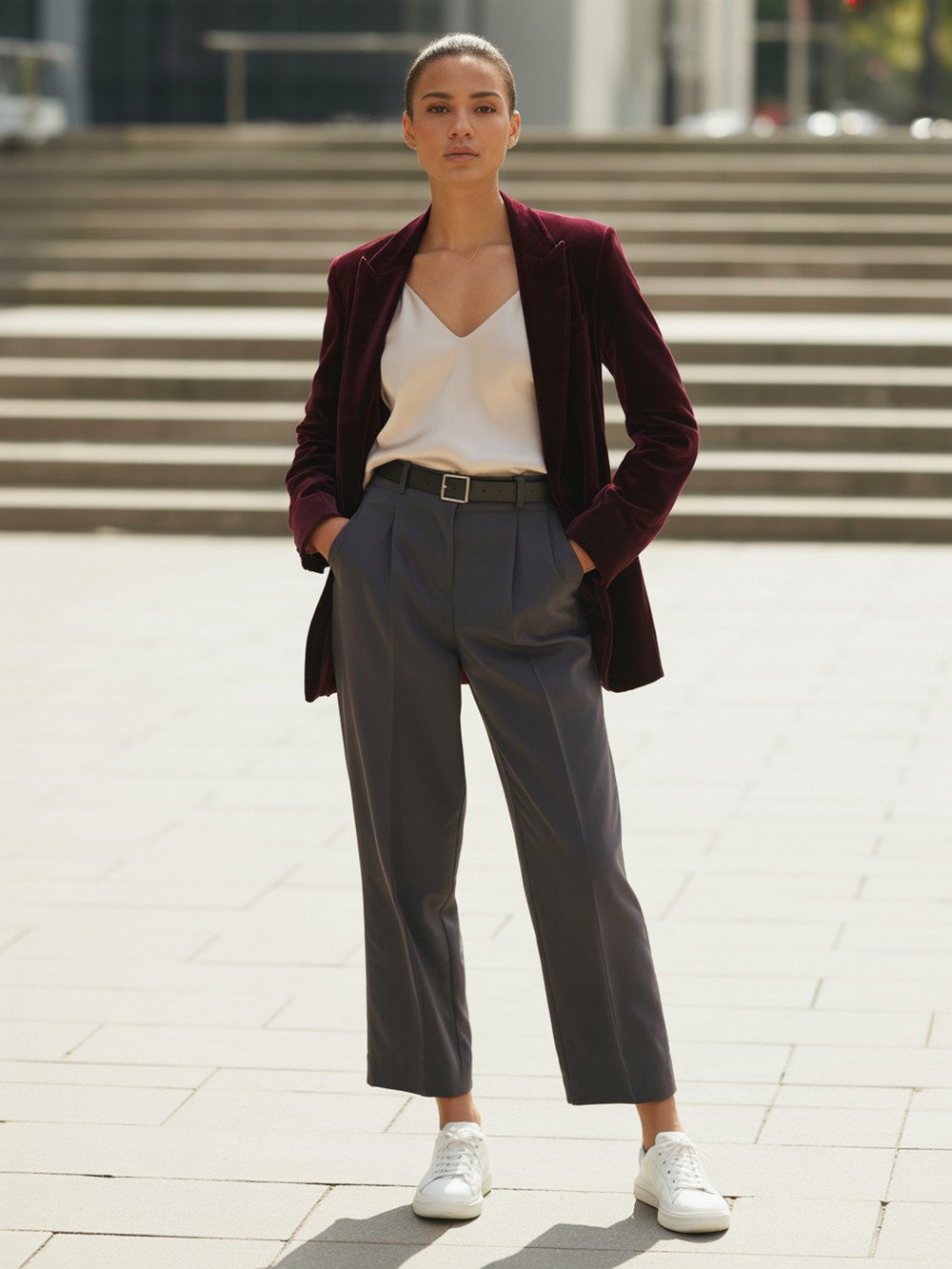 Velvet with Cropped Wide Legs and Minimal Sneakers