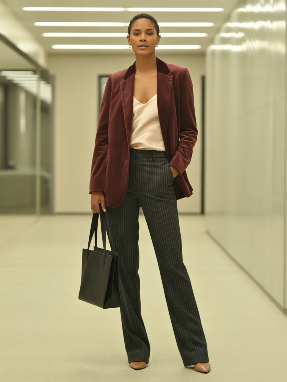 Velvet with Pinstripe Trousers and Pointed Flats
