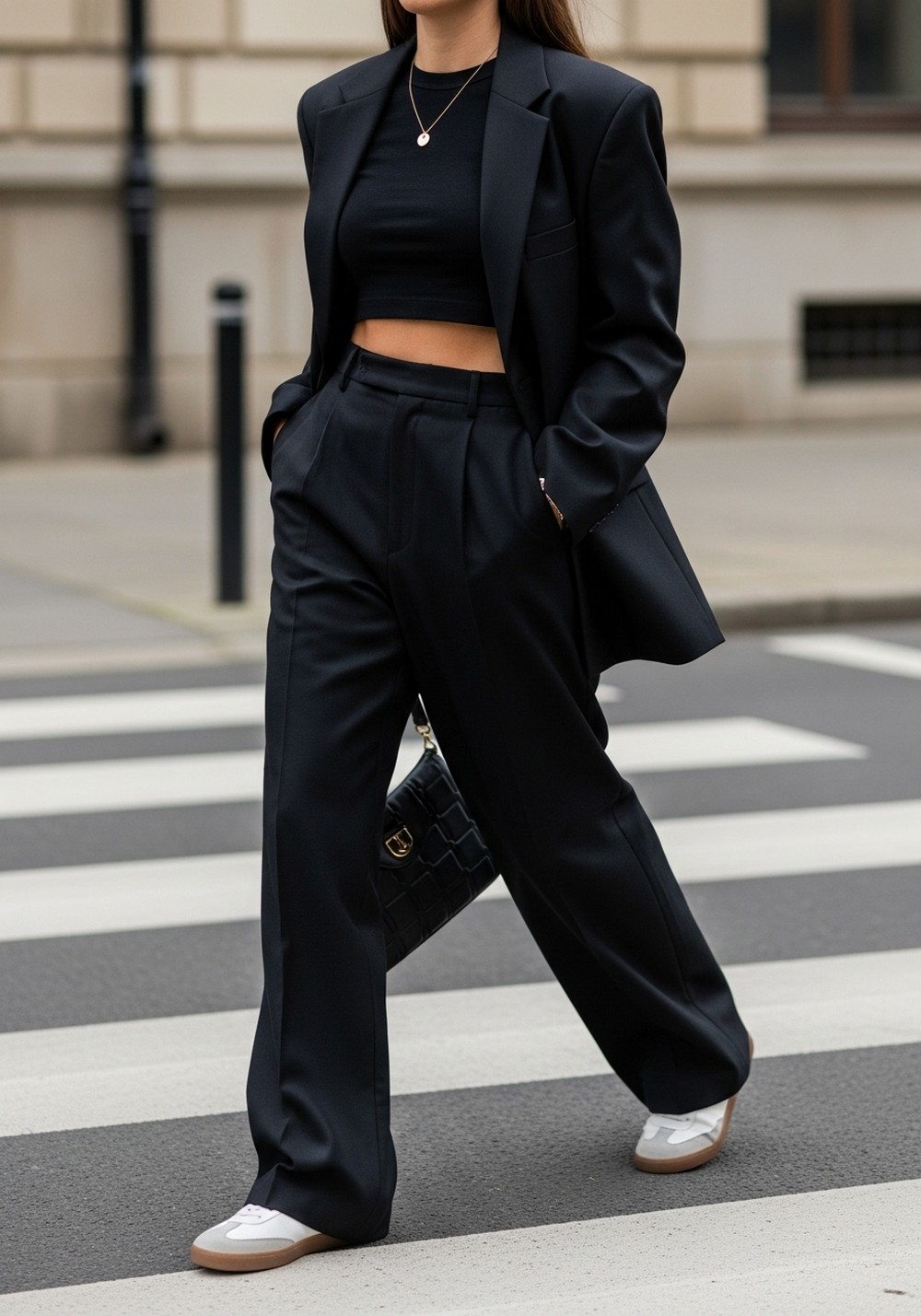 Wide Leg Trousers, Crop Top, Sneakers