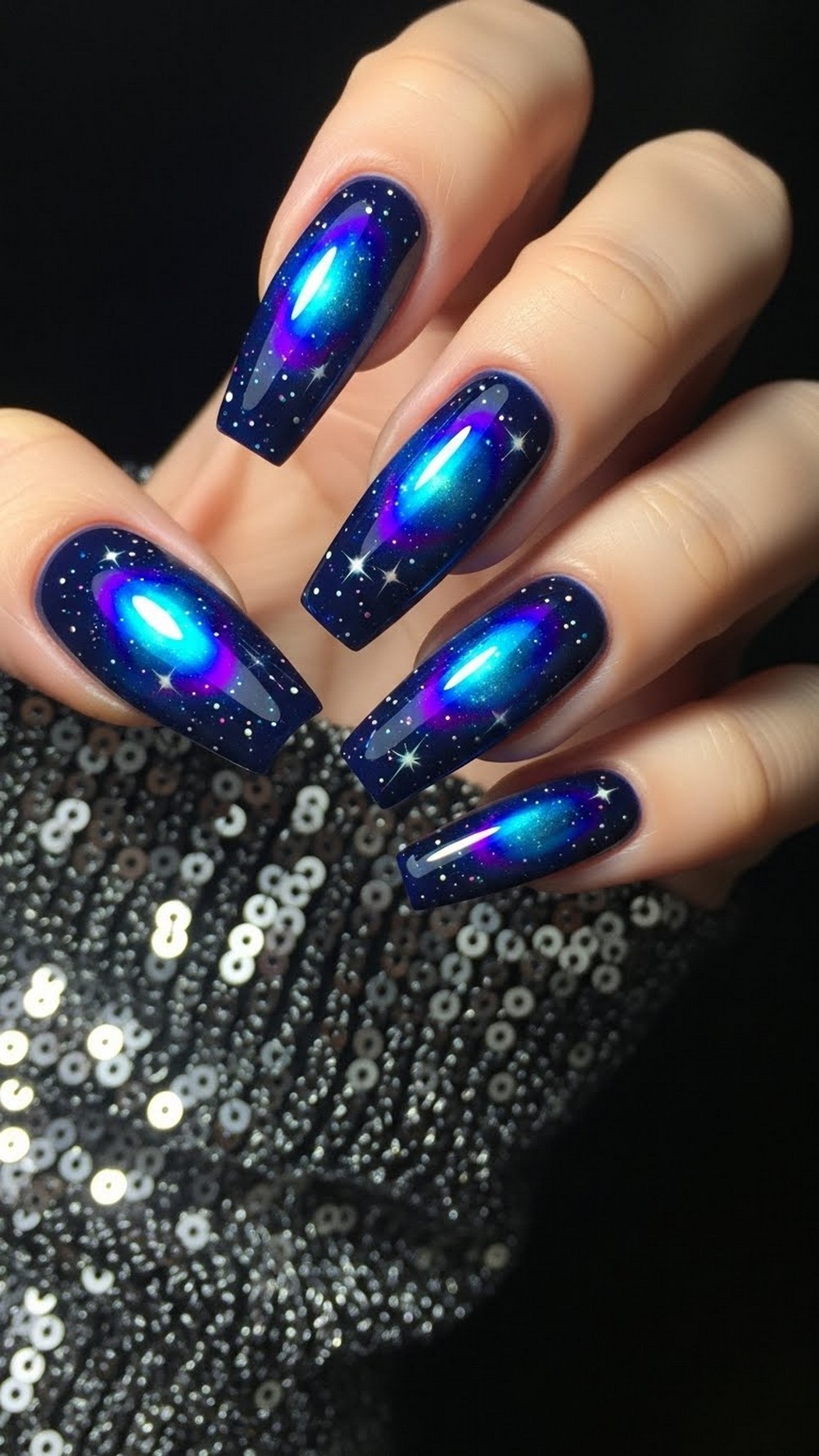 Blue Galaxy Aura Chrome Nails