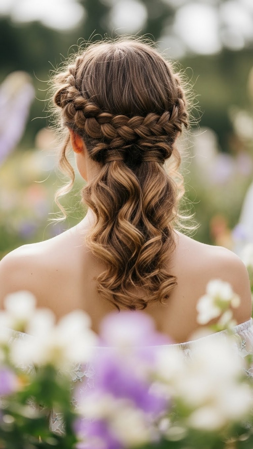 Braided Low Crown with Curls Down
