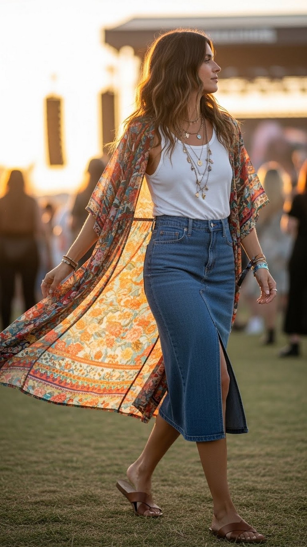 Denim Midi Skirt, Tank, and Lightweight Kimono