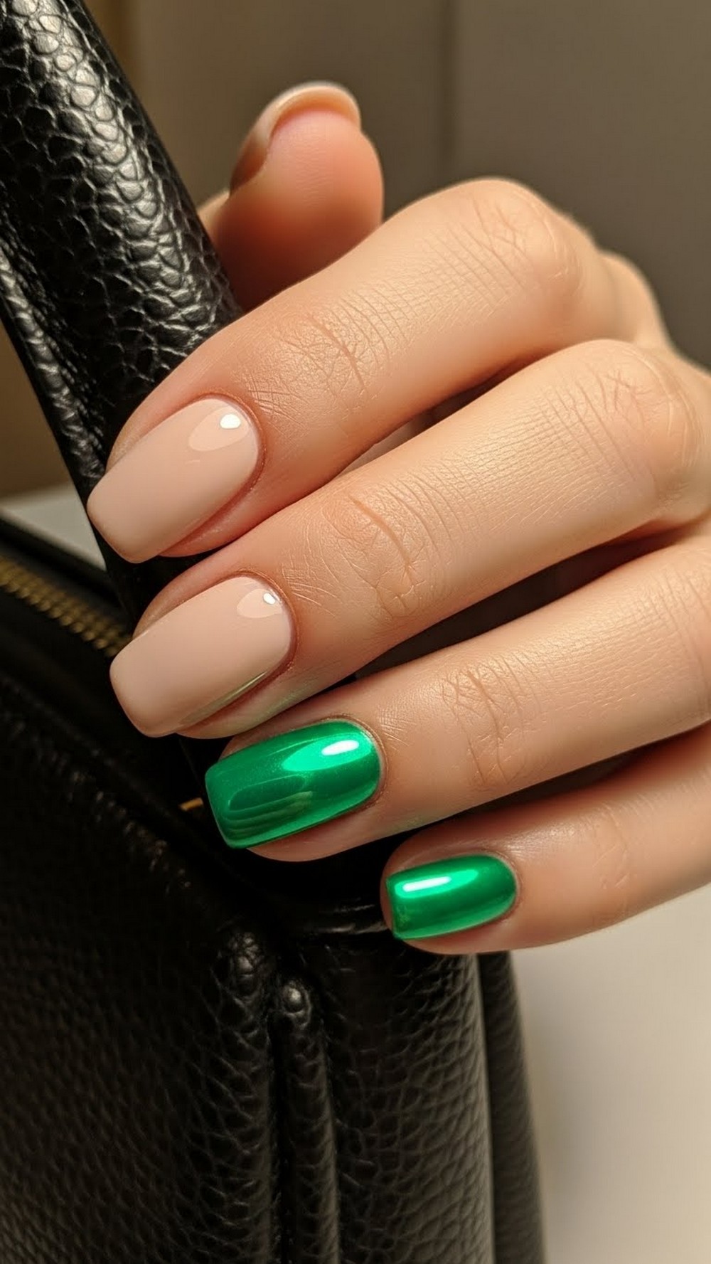 Emerald Aura Chrome Accent Nails