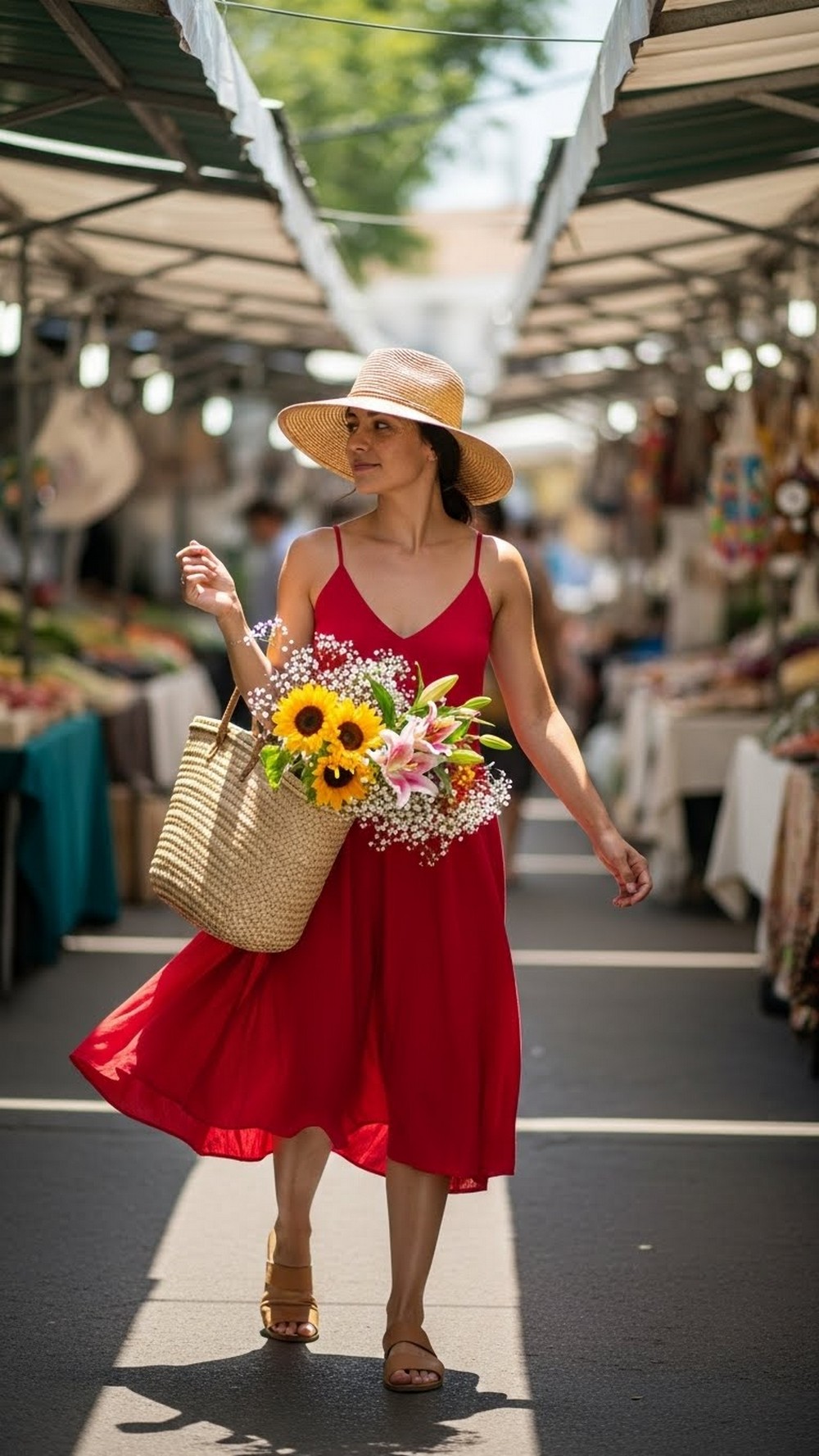 Market Stroll with Straw Hat & Sandals