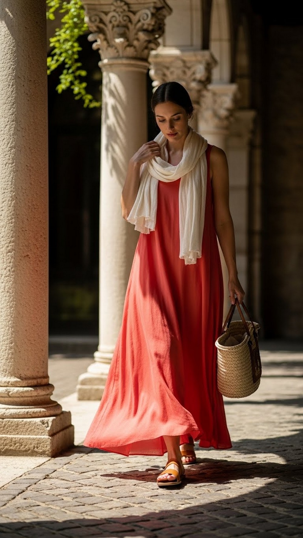 Maxi Dress with Light Scarf and Sandals
