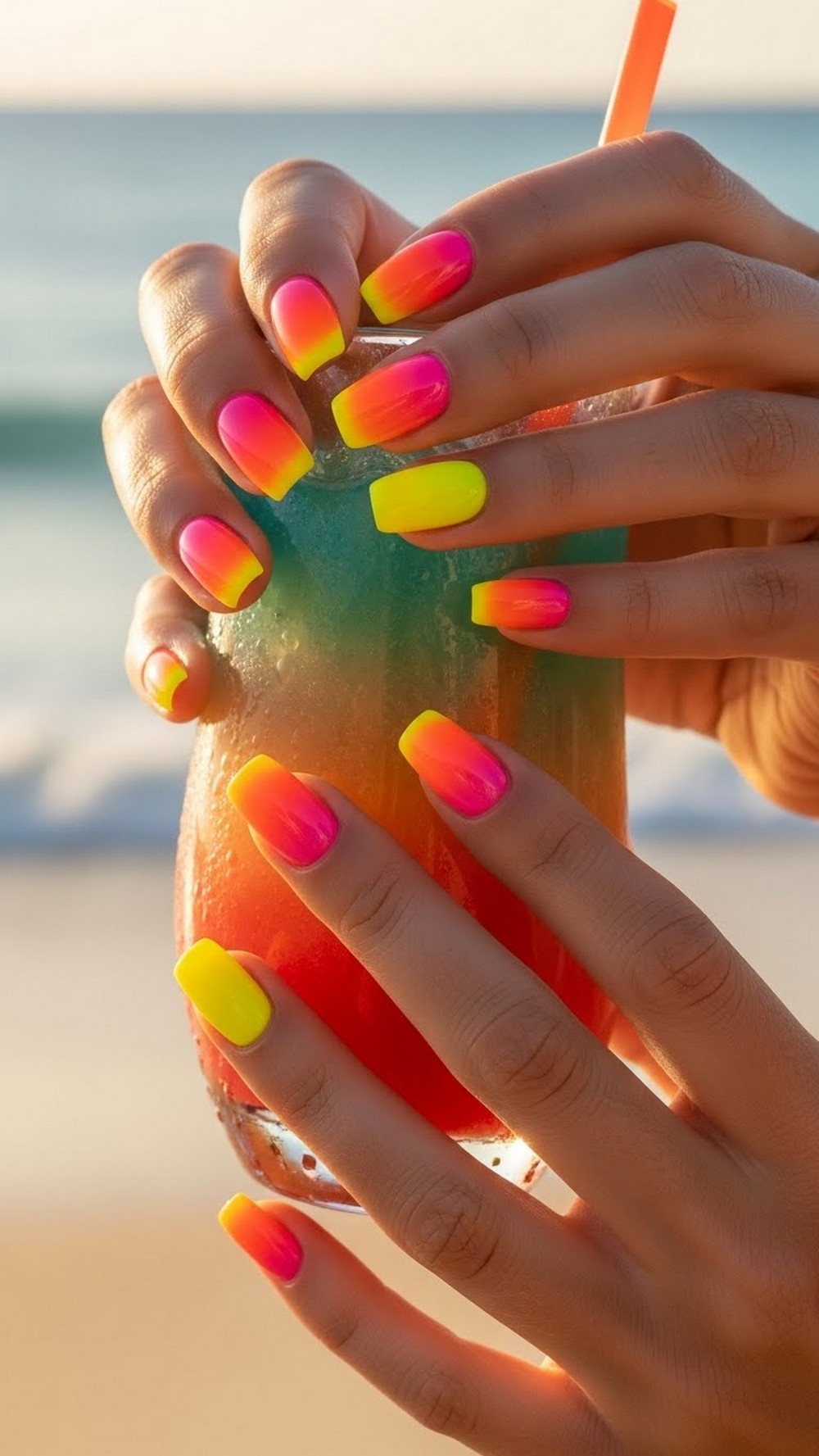Neon Sunset Bright Beach Vacation Nails