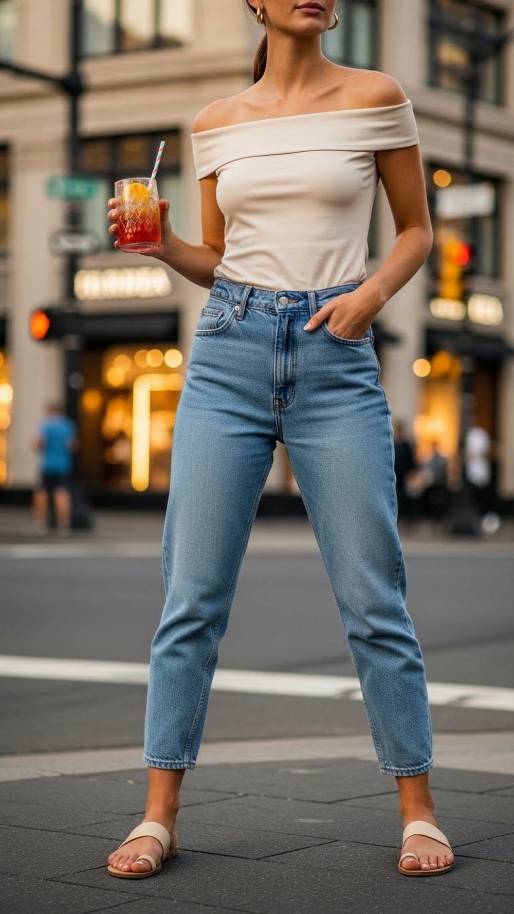 Off Shoulder Top and Mom Jeans