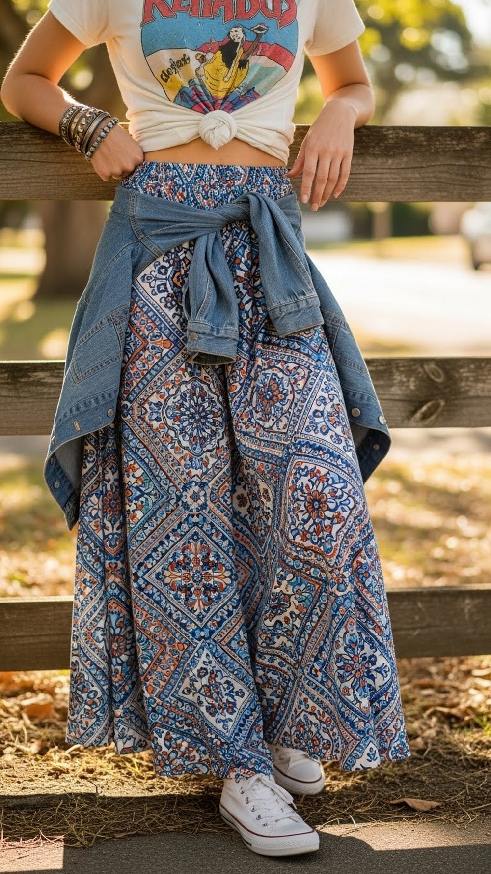 Patterned Maxi Skirt and Graphic Tee