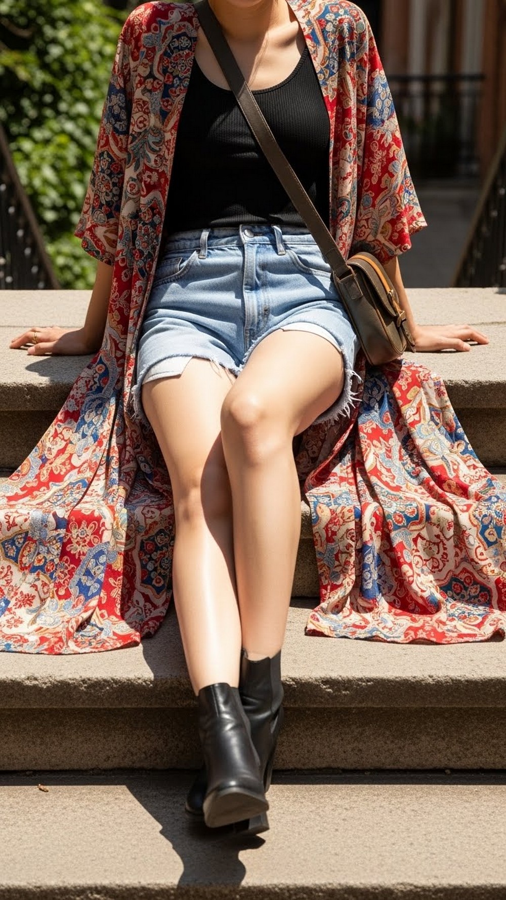 Printed Kimono over Denim Shorts