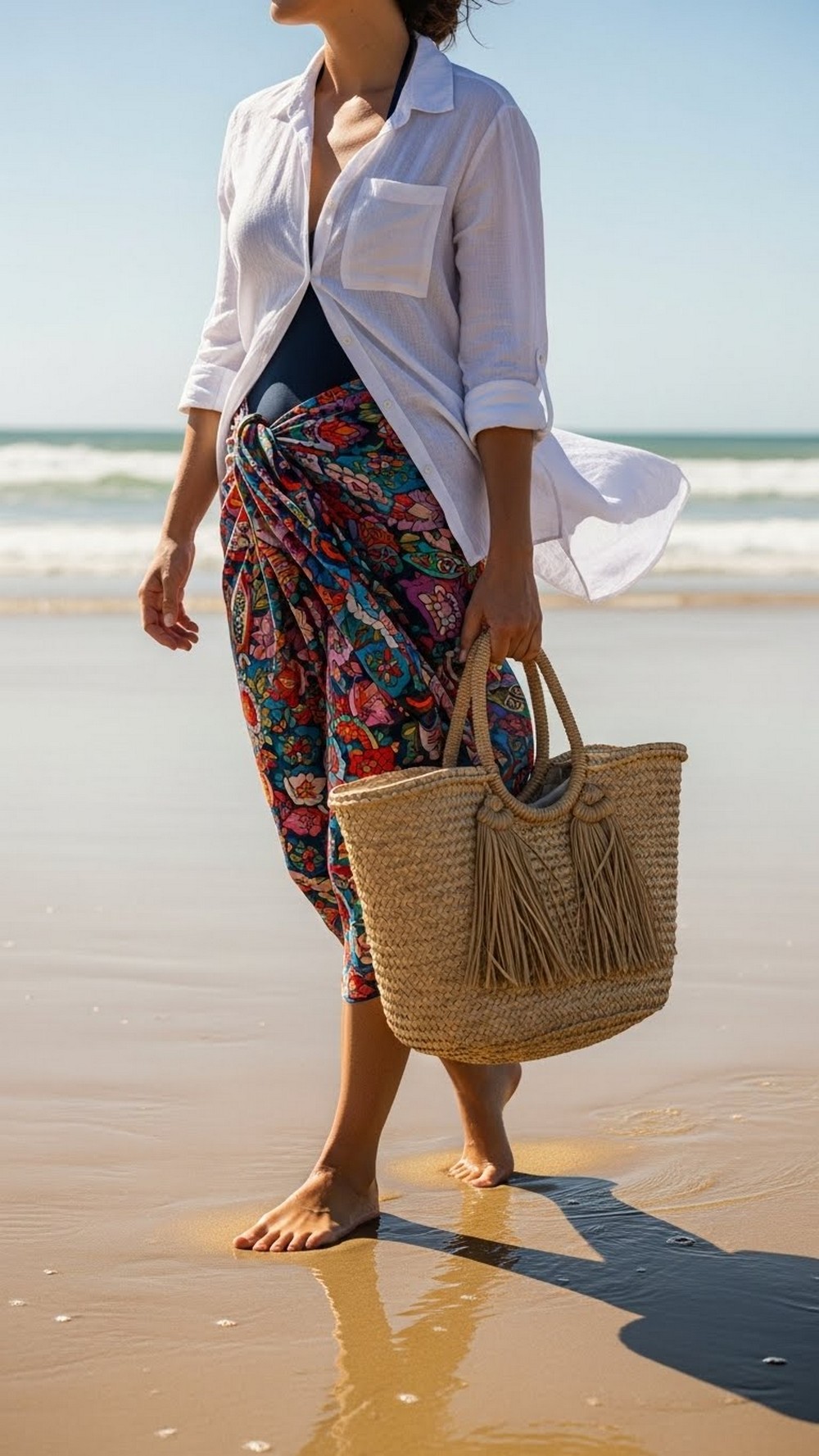 Sarong Skirt over Swimwear and Open Shirt