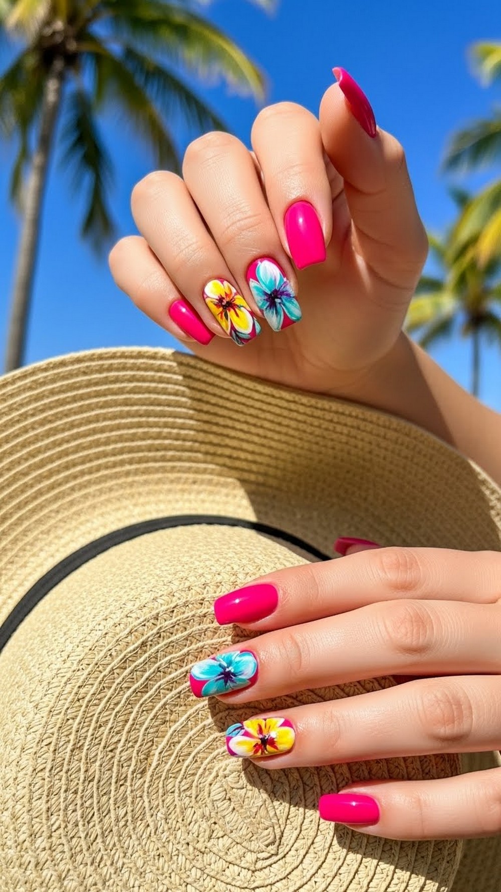 Tropical Floral Bright Beach Vacation Nails
