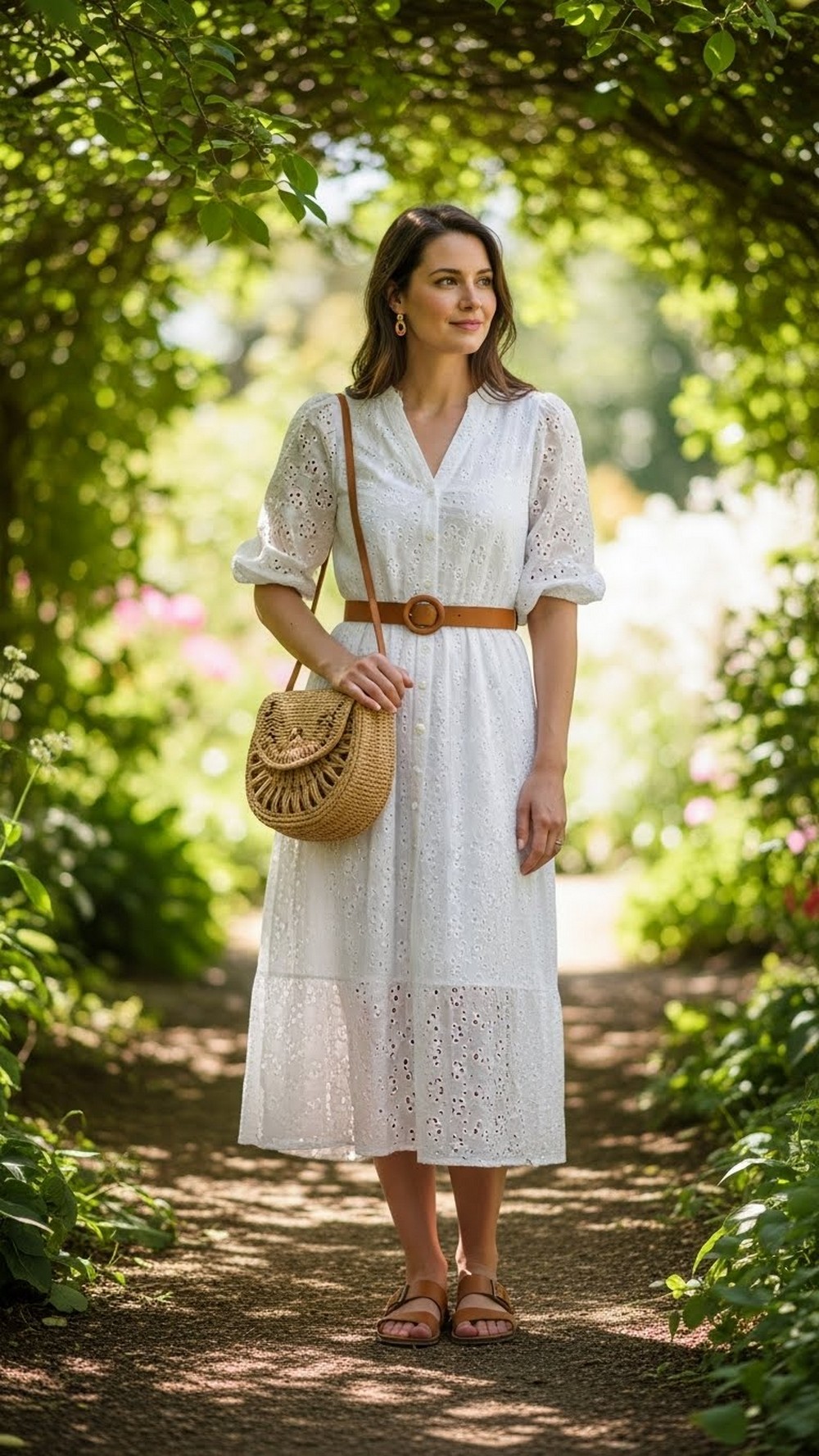 White Eyelet Dress and Tan Accessories