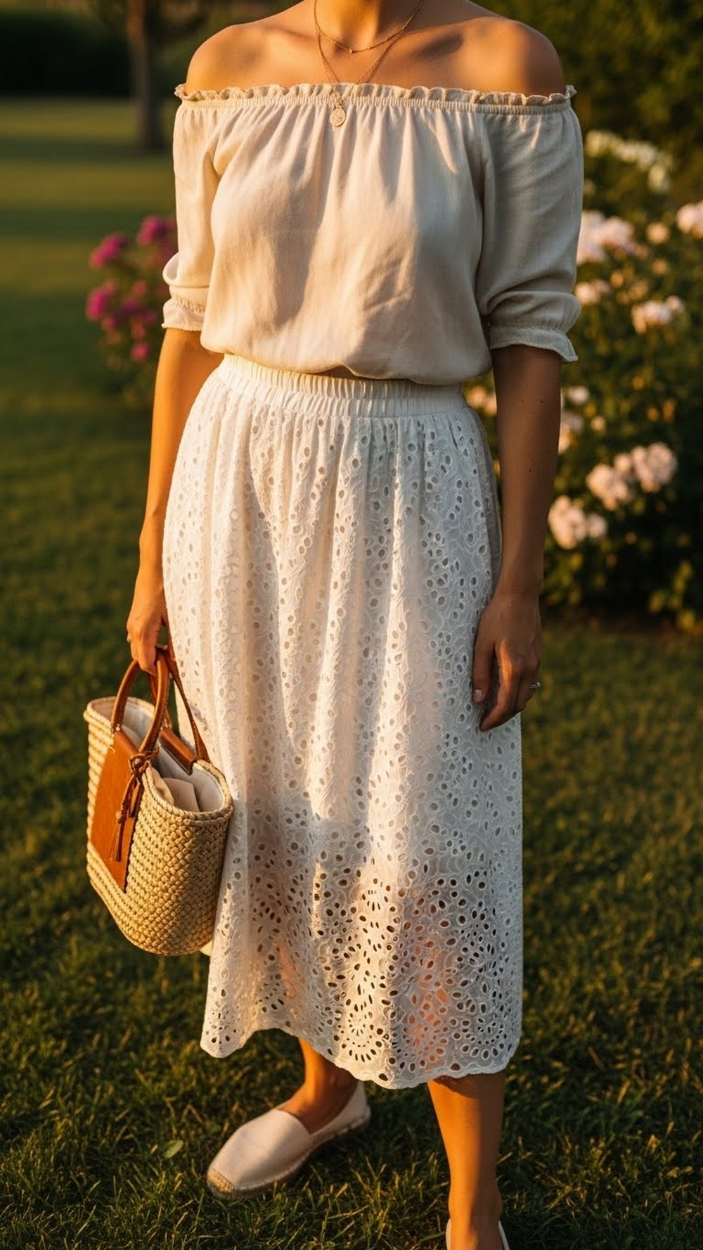 White Eyelet Skirt and Off Shoulder Top
