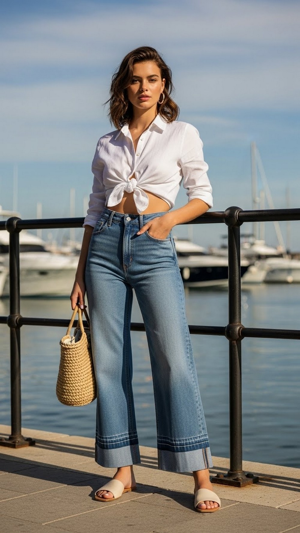 Wide Leg Jeans with Cropped Linen Shirt