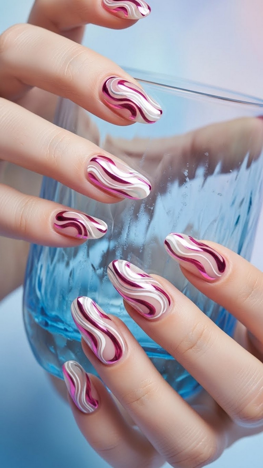 Abstract Swirl Pink Chrome Nail Art