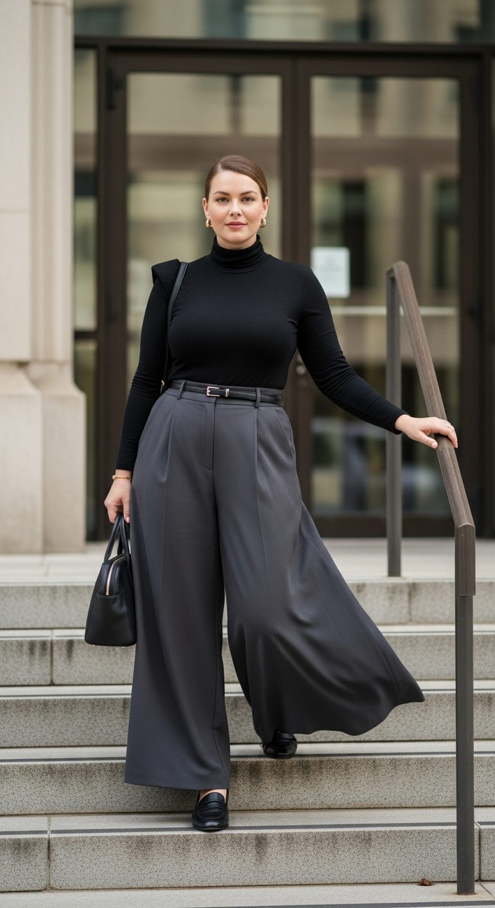 Black Turtleneck with Wide Leg Trousers