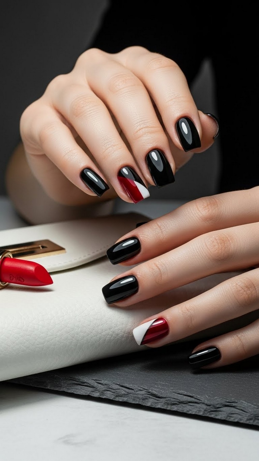 Black and Cherry Chrome Contrast Nails