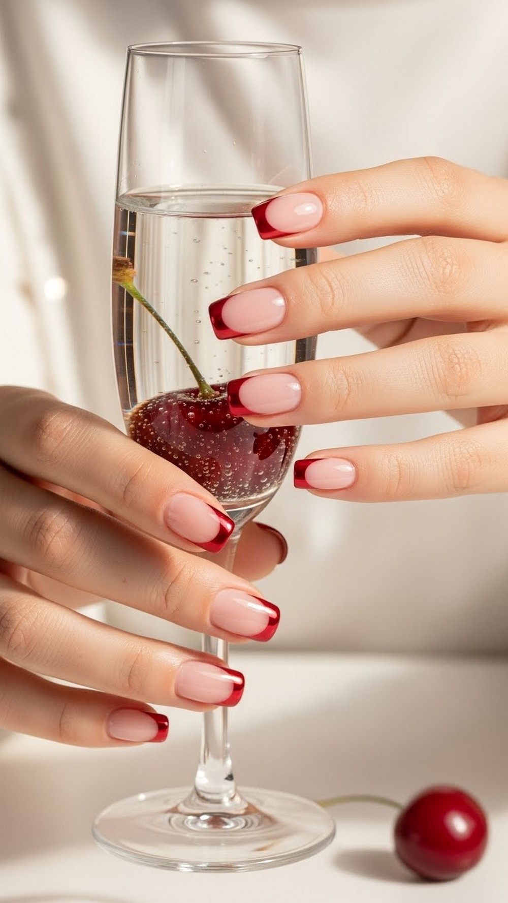 Cherry Chrome French Tip Nails