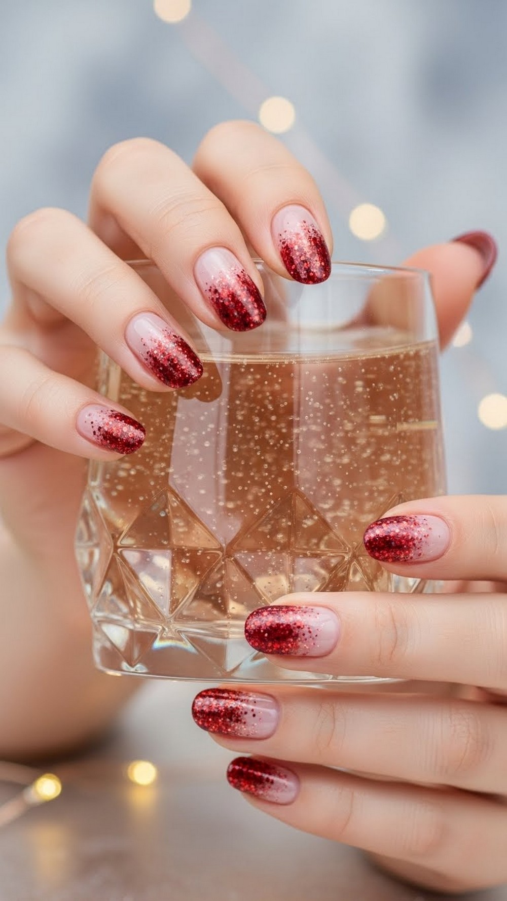 Cherry Chrome Glitter Fade Nails