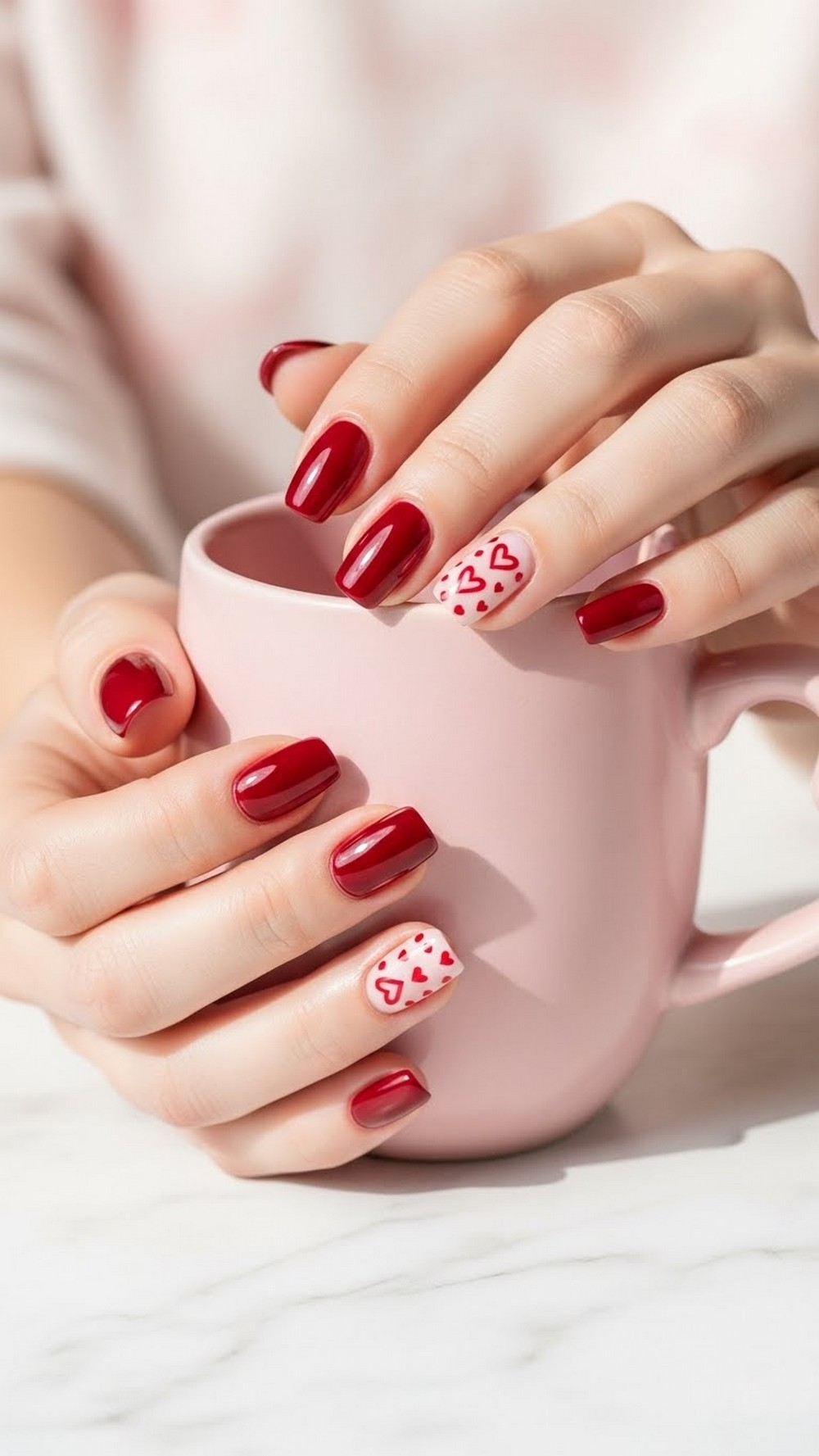 Cherry Chrome Heart Accent Nails