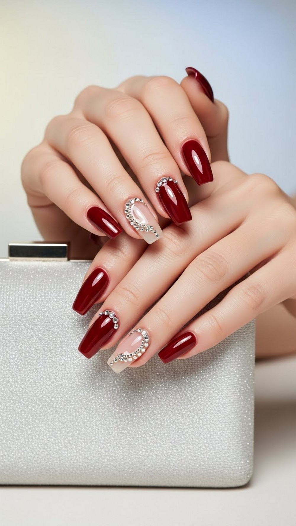 Cherry Chrome Nails with Rhinestone Details