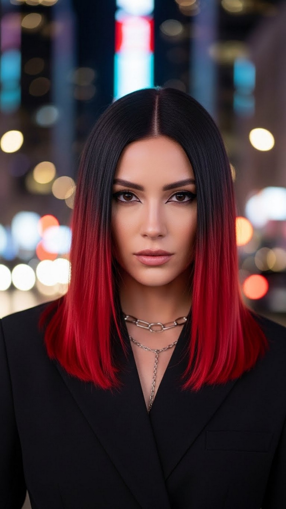 Cherry Red Hair Color with Black Roots