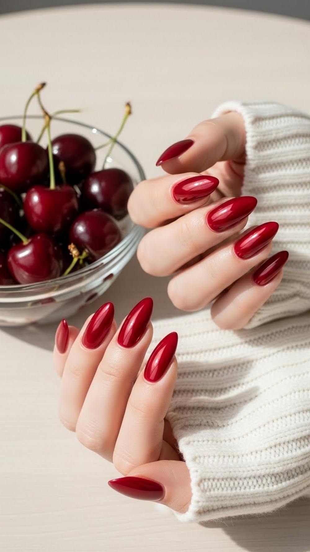 Classic Cherry Chrome Almond Nails
