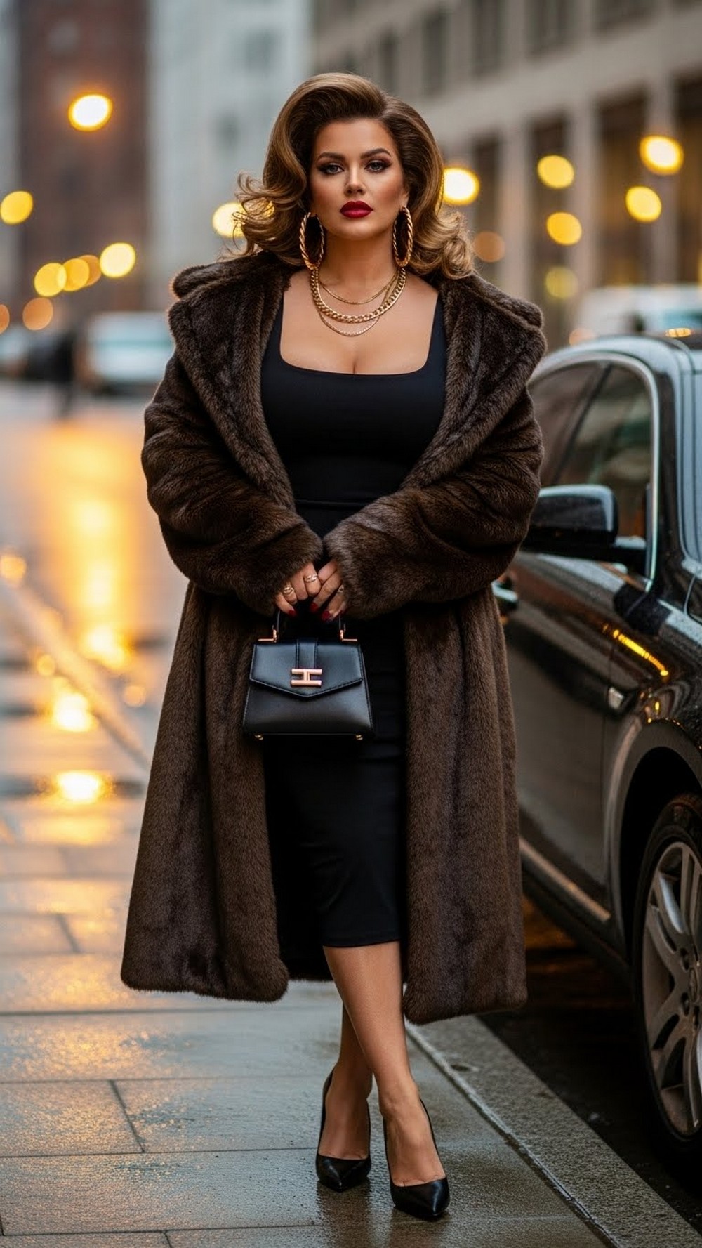 Classic Fur Coat and Bodycon Dress