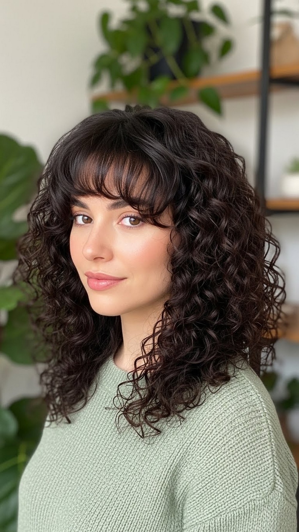 Curly Texture with Soft Layered Curtain Bangs