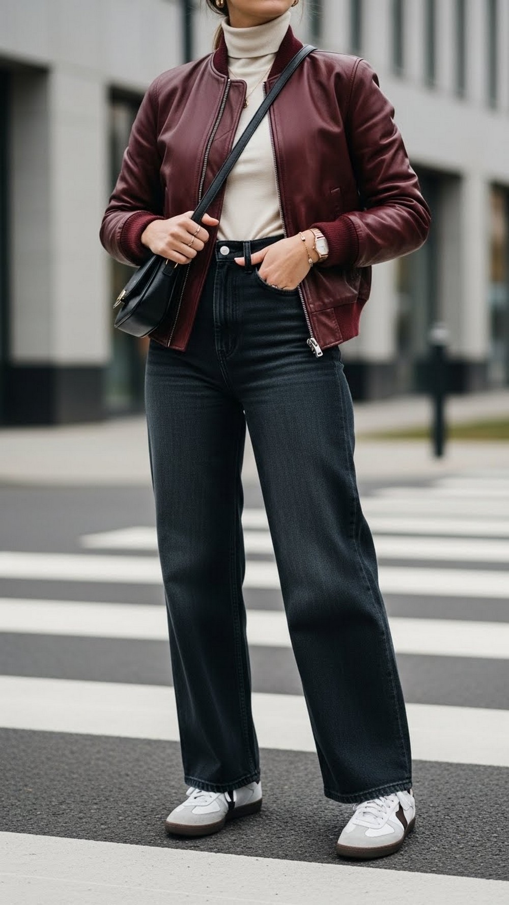 Leather Bomber and Wide Leg Jeans