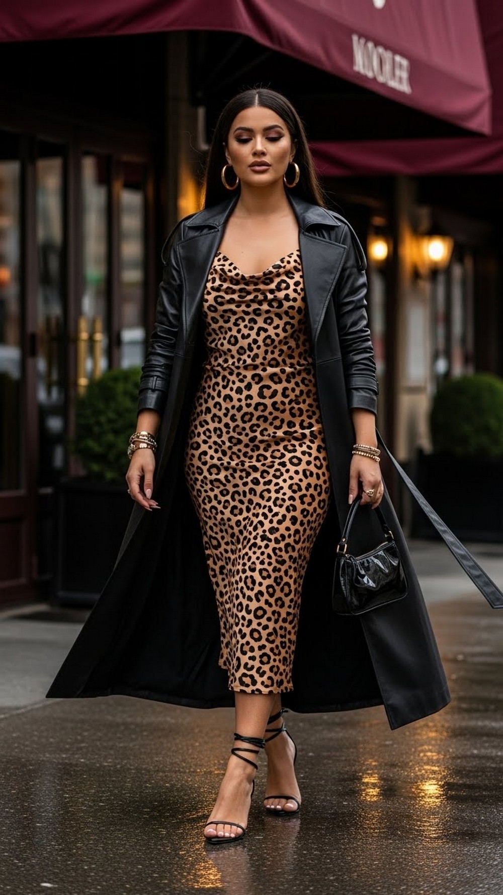 Leopard Slip Dress and Leather Trench