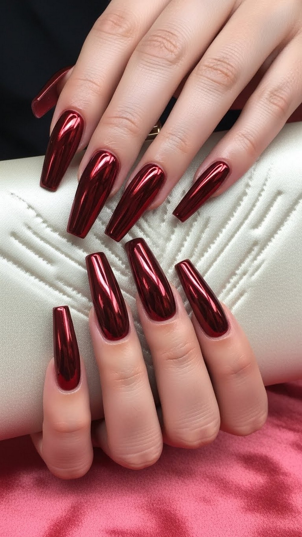 Long Coffin Cherry Chrome Nails