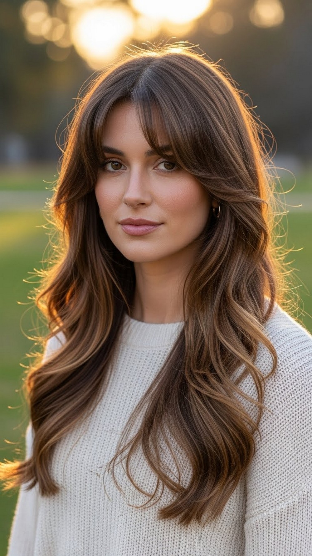 Long Wavy Hair with Soft Layered Curtain Bangs