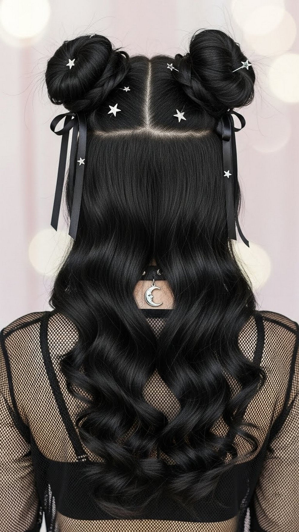 Midnight Space Buns with Cascading Curls