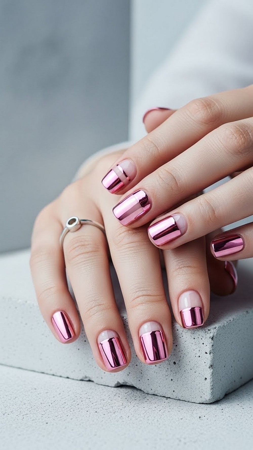 Minimalist Negative Space Pink Chrome Nails