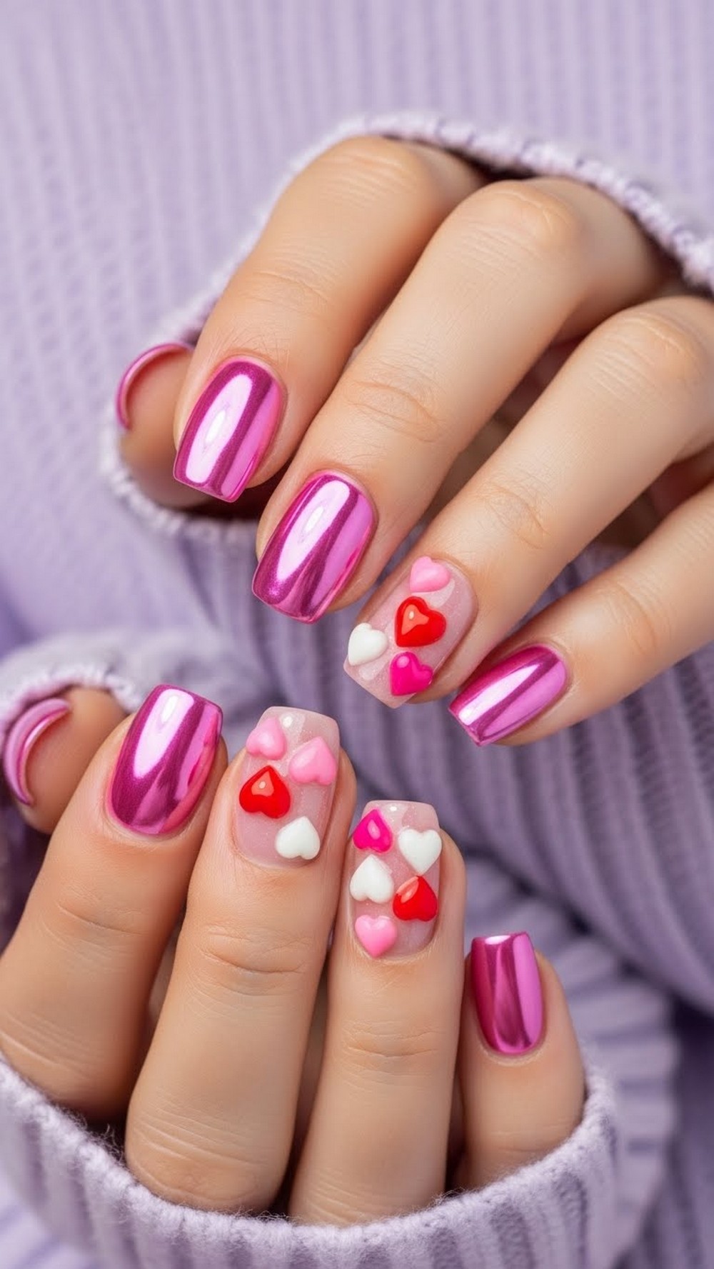 Pink Chrome Nails with D Hearts