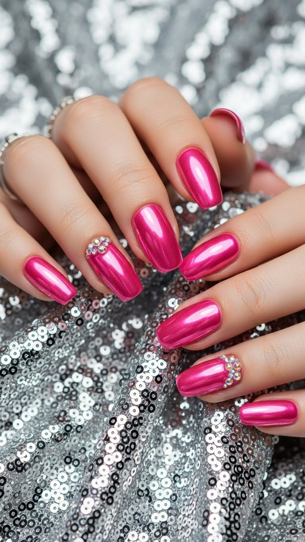 Pink Chrome Nails with Crystal Accents