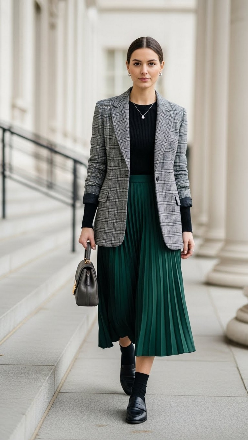Plaid Blazer and Pleated Midi Skirt