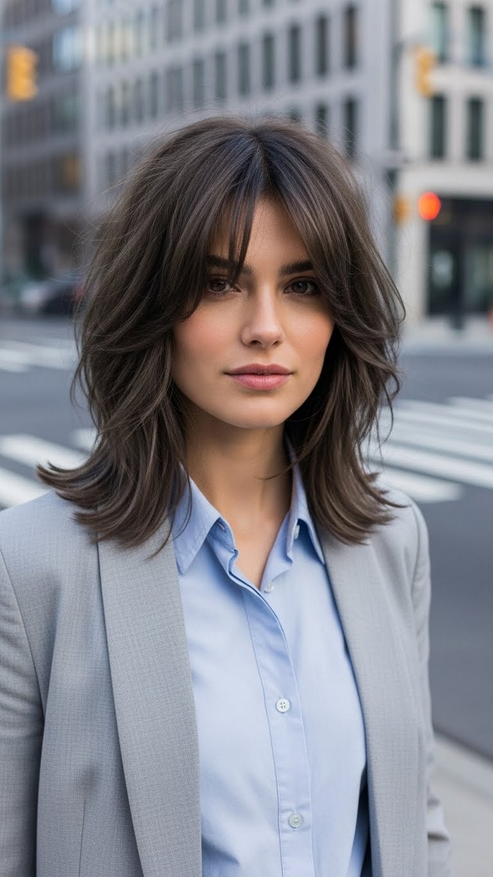 Shoulder Length Shag with Soft Layered Curtain Bangs