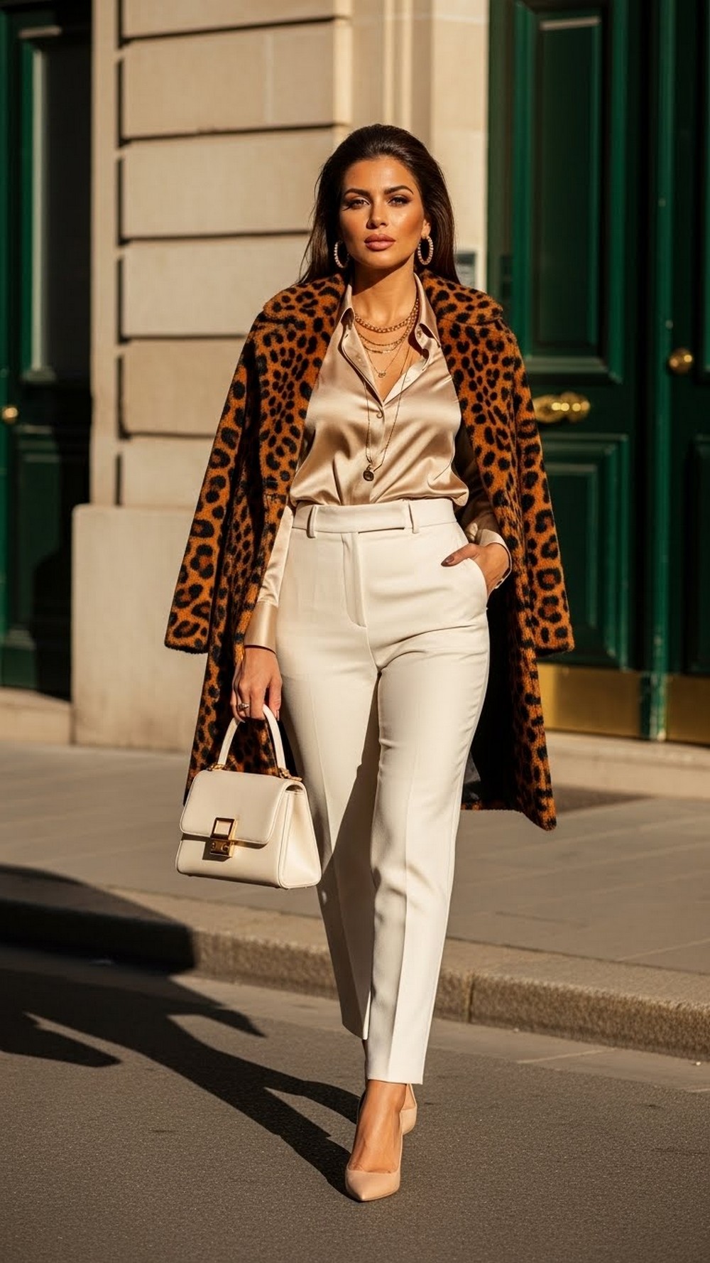 Silk Blouse, High Waisted Trousers, and Statement Coat
