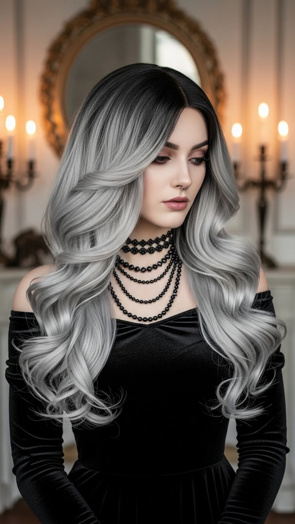 Silver Ombre Curls with Dark Roots