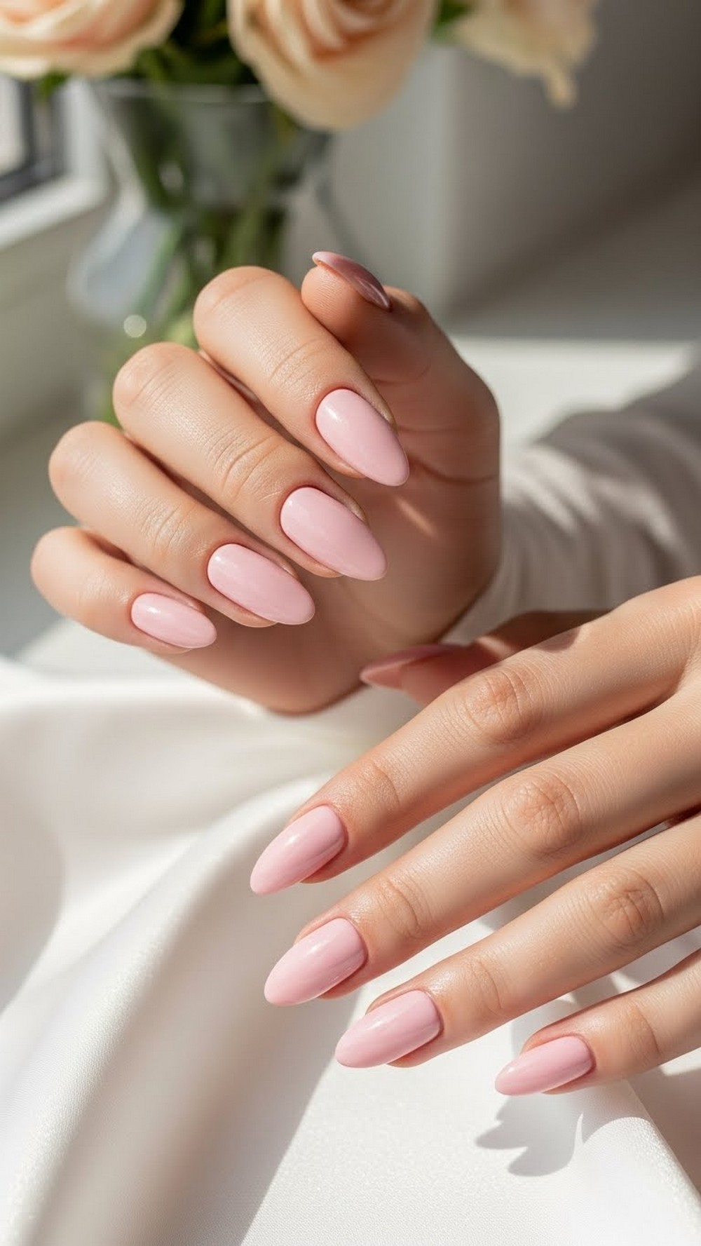 Soft Baby Pink Chrome Almond Nails