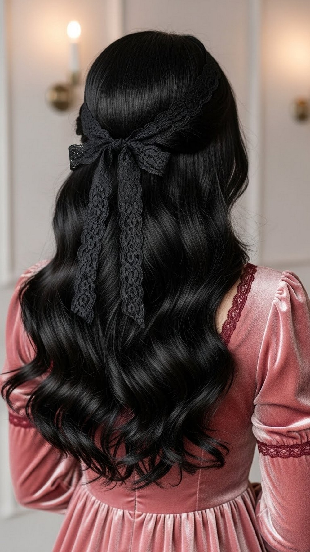 Soft Black Waves with Lace Ribbon