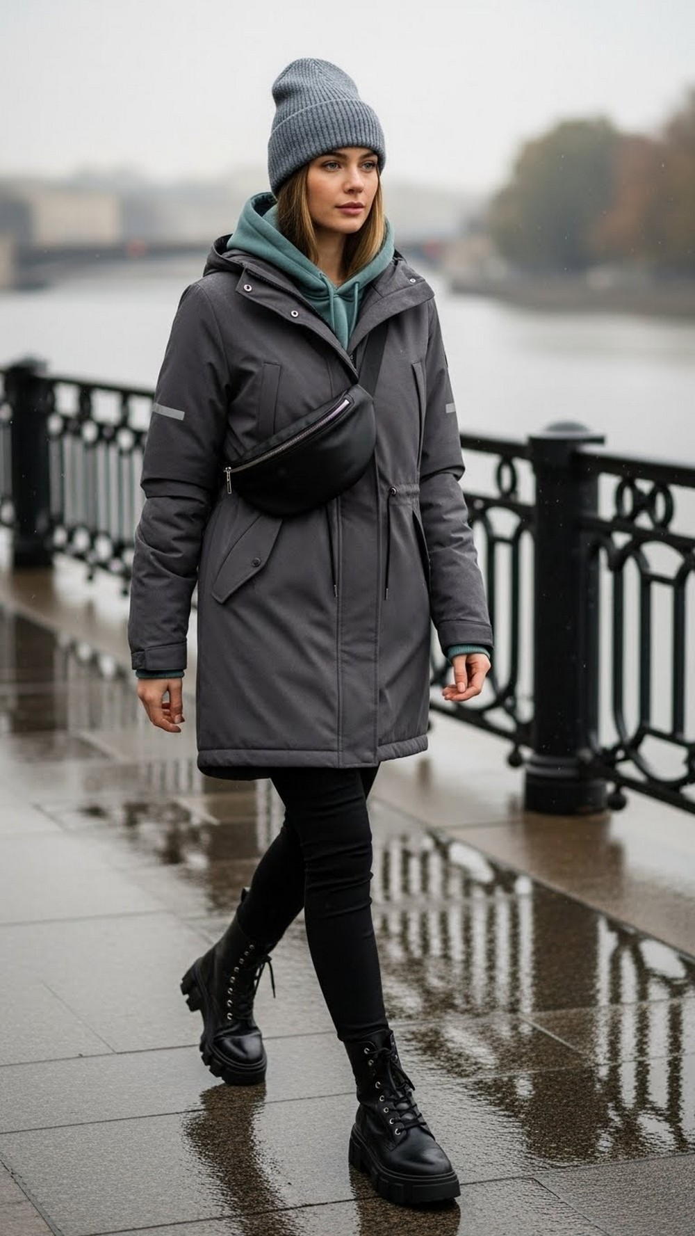 Tech Parka, Leggings, and Chunky Boots