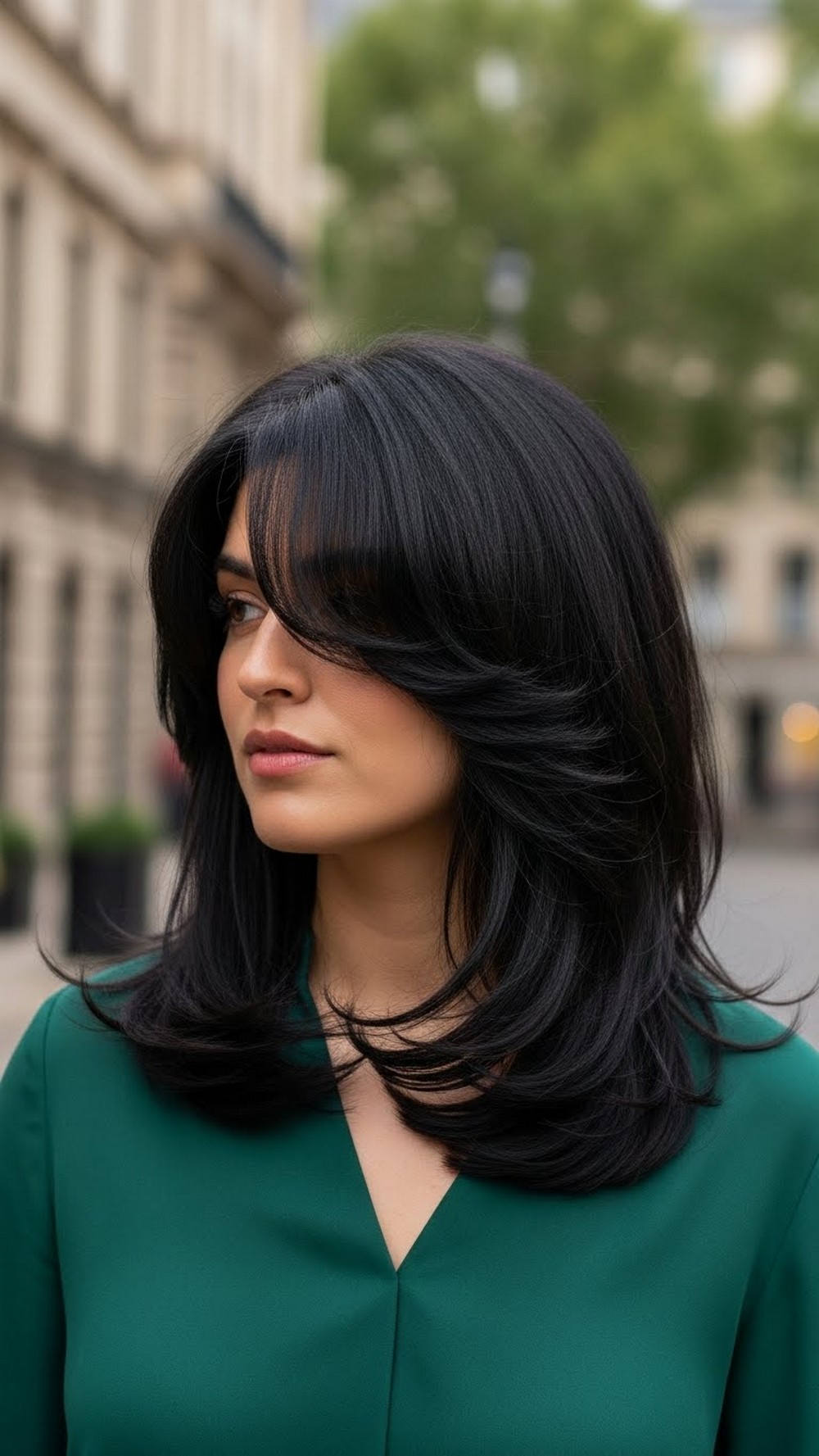 Thick Hair Debulked with Soft Layered Curtain Bangs